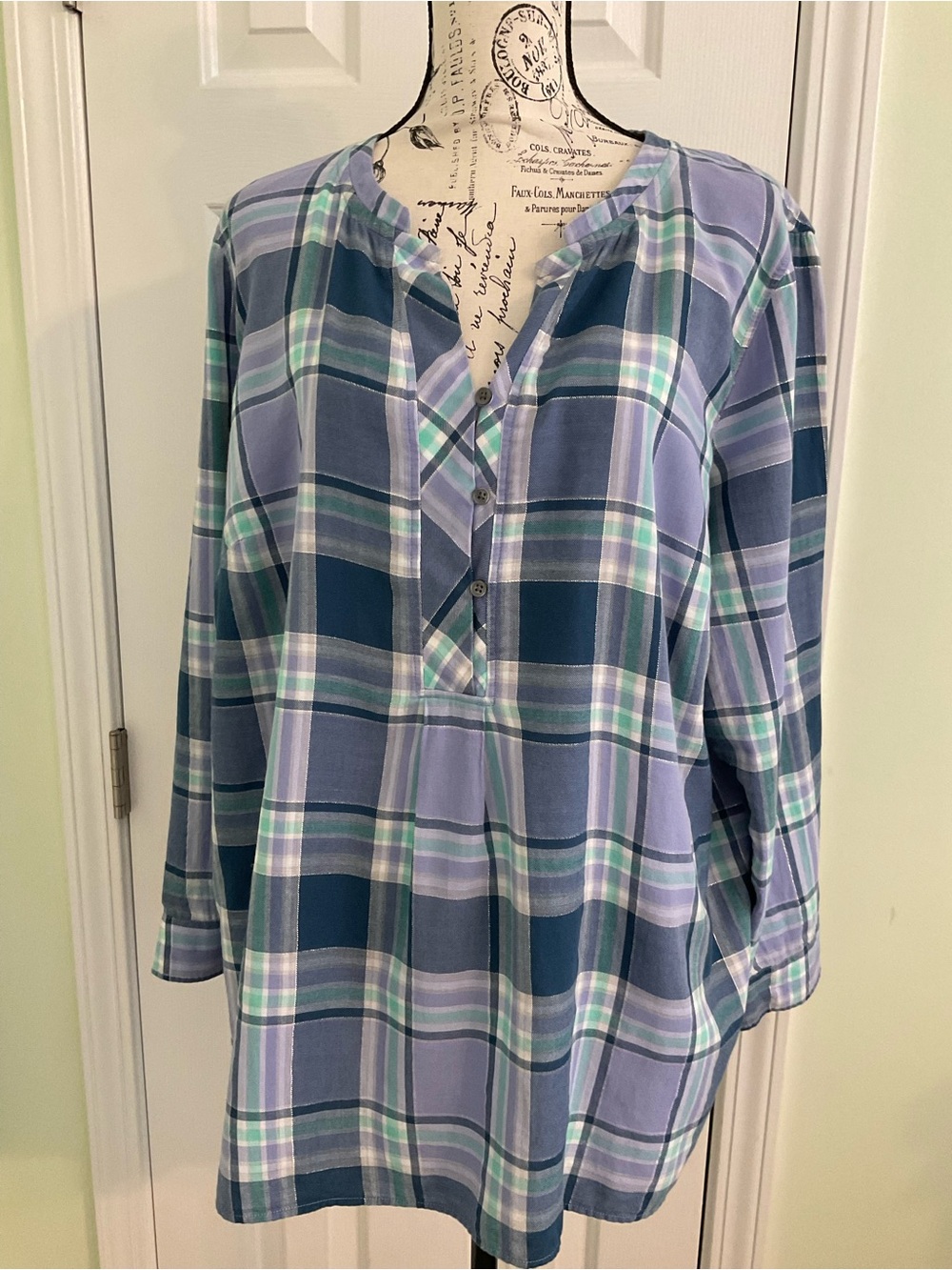 Talbots Lavender and Teal Plaid Button-Front Tunic